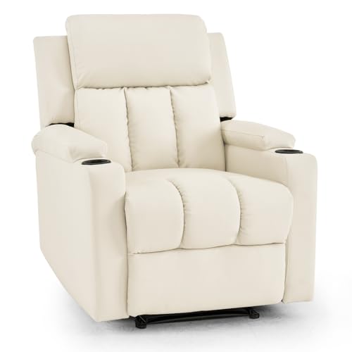 Furnimart Manual Recliner Chair for Adults, Reclining Sofa Chair with Extended Footrest Cup Holders for Elderly People, Faux Leather Single Recliner Nursery Chair for Theater Living Room (PU Beige)
