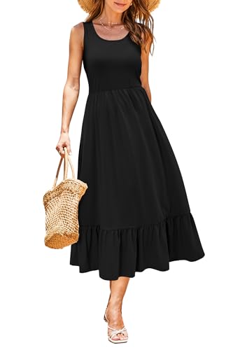 STYLEWORD Women's Casual Summer Tank Dress Crewneck Empire Waist Tiered Midi Dresses with Pockets(Blue,L)