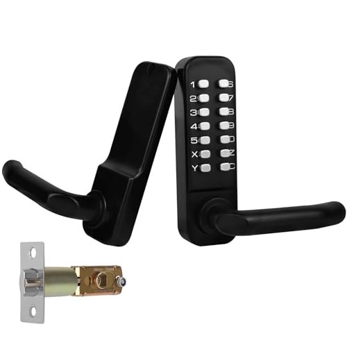 Casmer Upgrade Mechanical Door Lock with Adjustable Deadlatch 2-3/8'' and 2-3/4'',Outdoor Keyless Gate Lock with Handle, Waterproof Mechanical Keypad Door Lock (Black)