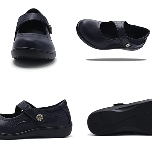 UZB MARY JANE SHOES WOMEN'S MEMORY FOAM ORTHOPEDIC OFFICE & WORK SHOES - NON SLIP CASUAL FLATS WITH HOOK AND LOOP CLOSURE, NAVY, 6 US