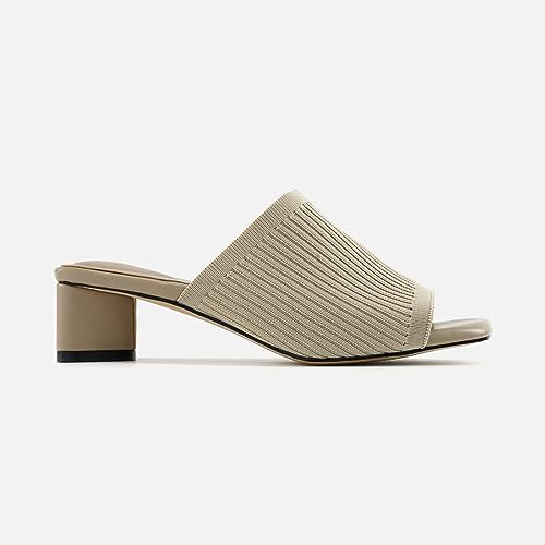 TIJN Open Toe Heeled Mules for Women, Square Flat, Triangle Low Block Heels, Recycled Knit Fabric, 100% Vegan,Katrin,7