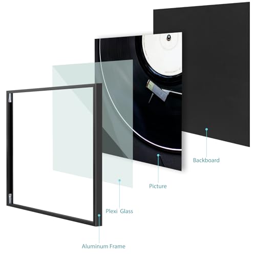Golden State Art, Aluminum Album Frame Display 12.5x12.5 Vinyl Record, Brushed Metal Finish Records Frames, Acrylic Glass Front, for 12'' Album cover (1 Pack Black)