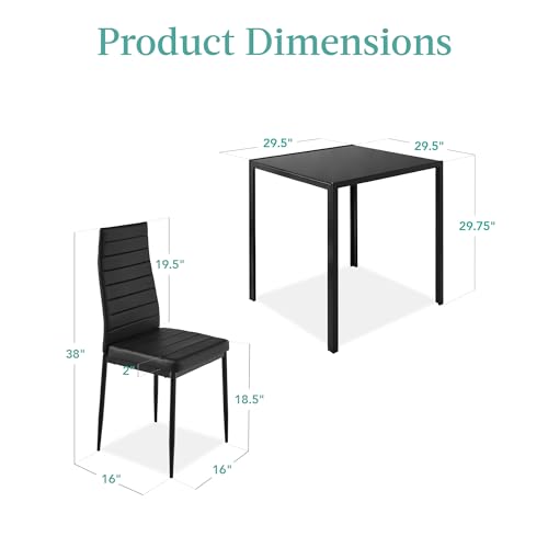Best Choice Products 3-Piece Glass Dining Set, Modern Kitchen Table Furniture for Dining Room, Dinette, Compact Space-Saving w/Glass Tabletop, 2 Upholstered PU Chairs, Metal Steel Frame - Black