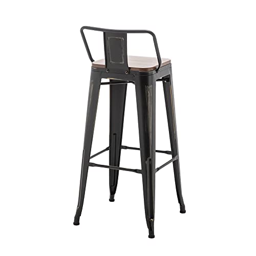 Alunaune 24" Industrial Metal Bar Stools Set of 4 Counter Height Barstools Kitchen Bar Chairs with Modern Wooden Seat, Distressed Gold Black