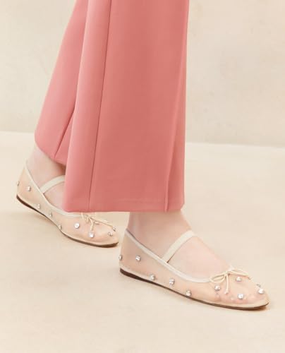 JORISTIMO Crystal Mesh Ballet Flats Stretch Band Snip Toe Ballerinas Flats Mary Jane Beige
