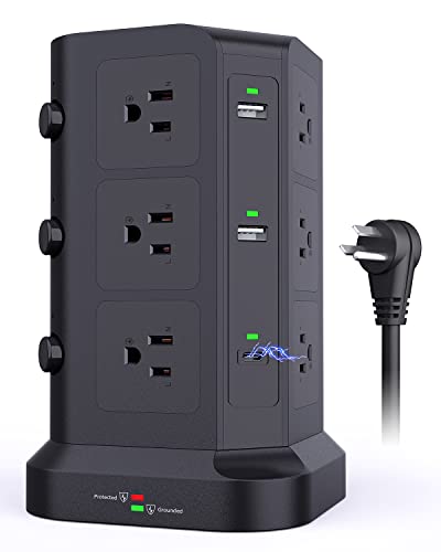 KOOSLA Dual 20W USB-C Power Strip Tower, Surge Protector Power Strip, Power Tower with USB Ports and Widely Spaced AC Outlets,1875W/15A, Charging Tower with 6.5ft Heavy-Duty Extension Cord Black