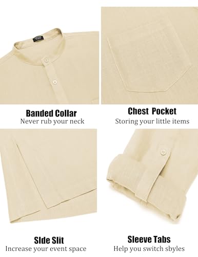COOFANDY Mens Long Sleeve Linen Shirts Hippie Casual Beach T Shirts Kurta Indian Wear Wedding, Beige, Small