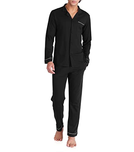 DAVID ARCHY Mens Pajamas Set Soft Cotton Notched Collar Pajamas for Men Long Sleeve Mens Sleepwear with Pockets & Front Fly (S, Black)