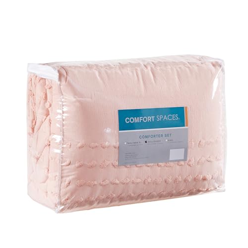 Comfort Spaces Cotton Comforter Set Jacquard Pom-Pom Tufts Design, Down Alternative, All Season Modern Bedding, Matching Shams, Twin/Twin XL, Phillips, Blush