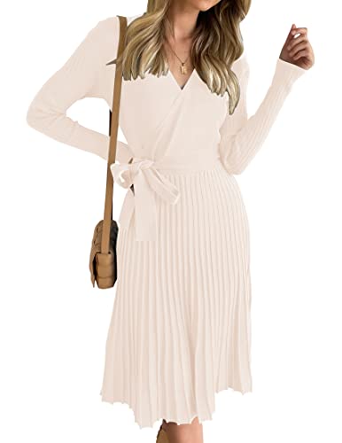 ZESICA Women's 2024 Fall Long Sleeve Wrap V Neck Ribbed Knit Pleated A Line Pullover Sweater Dress with Belt,Maple,Large