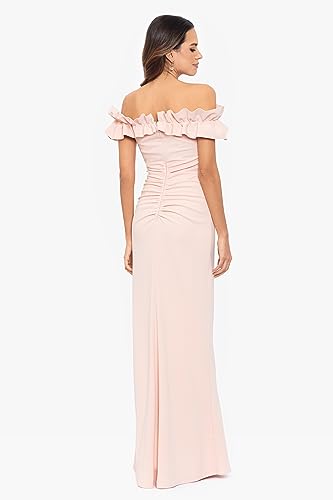 Xscape Women's Long Stretch Scuba Crepe Ruffle Collar Ruched Dress, Blush