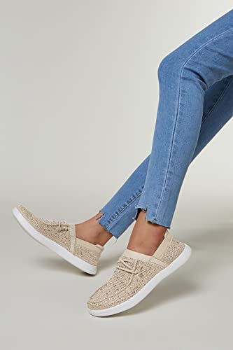 BELOS Women's Rhinestone Lace Up Loafers Shoes Comfortable Slip On Mesh Knit Walking Shoes Fashion Lightweight Sparkly Glitter Sneaker(Beige,7