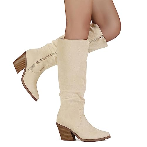 Putu Women's Pointed Toe Knee High Boots Faux Suede Stacked Chunky Heel Boots Side Zipper Slouchy High Boots Beige 5.5