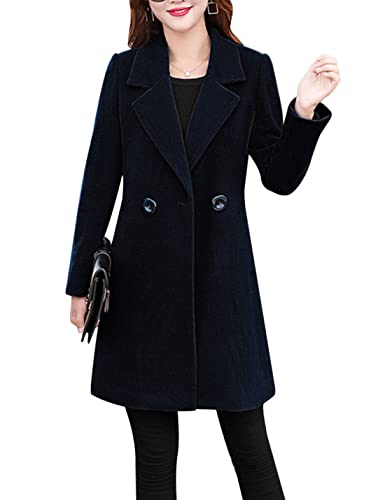 Tanming Womens Elegant Notched Collar Button Wool Blend Solid Long Pea Coat Overcoat (Black-S)