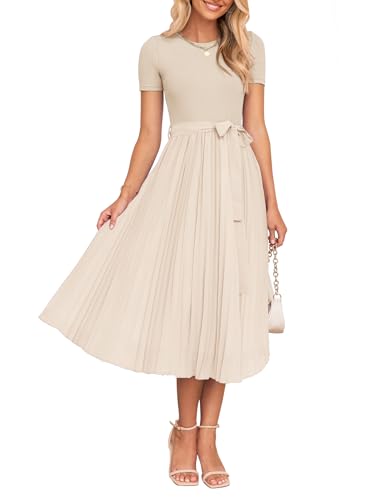 ZESICA Womens Summer Short Sleeve Midi Dresses Spring Casual Crew Neck Knit Belted Pleated A Line Flowy Wedding Guest Dress,Apricot,Small
