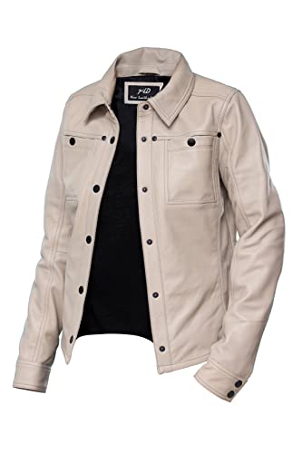 Jild Womens Button Front Lambskin Leather Jacket Shacket - Casual Shirt Long Sleeve Leather Jacket Women with Bust Pocket (Yellow-S)