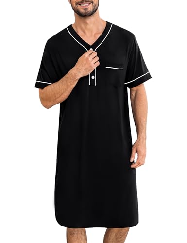 SWOMOG Men's Nightshirt Short Sleeve Nightgown Soft Loose Sleepwear Lightweight Nightwear Comfy Henley Sleep Shirt Medium Black