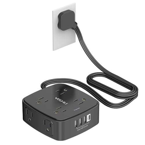 6 Ft Surge Protector Power Strip - YISHU 8 Widely Outlets with 4 USB Ports, 3 Side Outlet Extender with 6 Feet Flat Extension Cord, Ultra Flat Plug, Wall Mount, Desk USB Charging Station, ETL, Black
