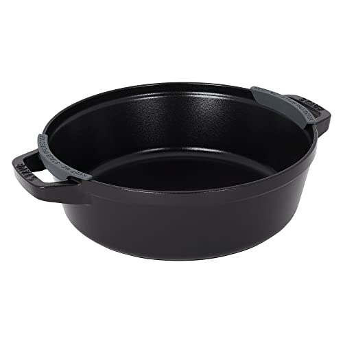 STAUB Cast Iron Set 4-pc, Stackable Space-Saving Cookware Set, Dutch Oven, Skillet, Grill Pan & Ceramic Baking Dish Set, 3pc, Cherry