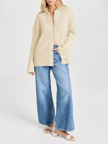 Danedvi Womens Collared Cardigan Sweaters Oversized Ribbed Knit Open Front Button Up Bell Sleeve Outwear Grey