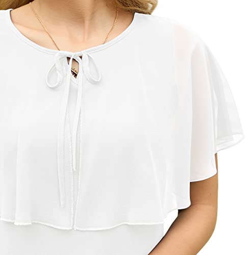 QIXING Womens 2023 Summer Cape Chiffon Flowy Shirt Casual Loose Round Neck Double Layer Elegant Blouses White-S
