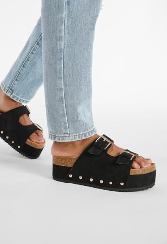 Yishaweiqi Women's Metallic Silver Platform Sandals Comfortable Cork Footbed Studded Flatform Sandals Adjustable Buckle Straps Flat Clogs Slide Sandals