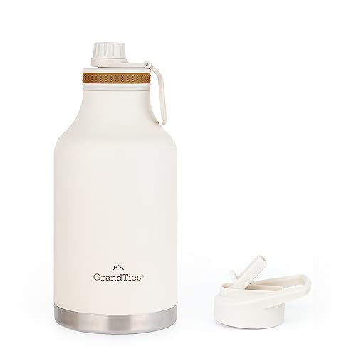 GRANDTIES 2 Lids Sports Stainless Steel Water Bottles – Wide Mouth Vacuum Insulated Reusable Leak Proof BPA-Free Travel Metal Canteen, Thermos Bottles for Men Women Gym (Ivory White 32 oz)