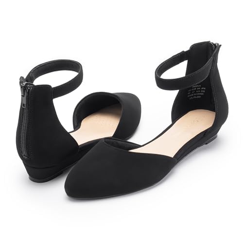 Cusolemore Women's Closed Toe Flat Shoes with Ankle Strap, Black Flats for Women, Pointed Toe Dress Shoes with Low Wedge Heel Size 6.5