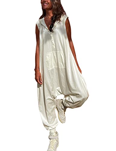 Tanming Hooded Jumpsuits for Women Casual Sleeveless Long Harem Pants Romper with Pockets (Beige-S)
