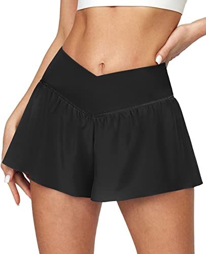 Ewedoos Crossover Flowy Athletic Shorts for Women with 3 Pockets 2 in 1 Butterfly Shorts High Waisted Running Shorts Black