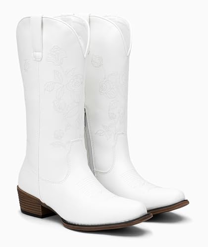Jeossy Women's 9807 Cowboy Boots Mid Calf Embroidery Flower Boots Western Round Toe Cowgirl Boots, Whisky, Size 6M US-with Side Zipper(DJY9807 Whisky 06)