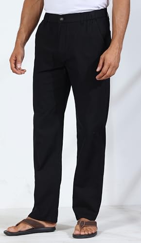 Soojun Men's Casual Linen Blend Relaxed Fit Straight Legs Elastic Waist Pants, Yellow Khaki, 36W x 30L