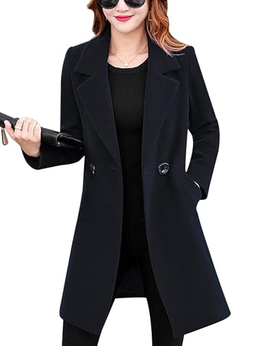 Tanming Womens Elegant Notched Collar Button Wool Blend Solid Long Pea Coat Overcoat (Black-S)