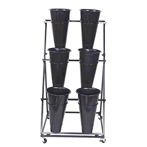 Decorative Flower Display Stand with Buckets for Cut Flowers, Heavy Duty Rolling Plant Stand on Wheels, Indoor Outdoor Flower Cart Ladder Shelf for Florist, Garden, Patio (3 Tier 6 Black Bucket)