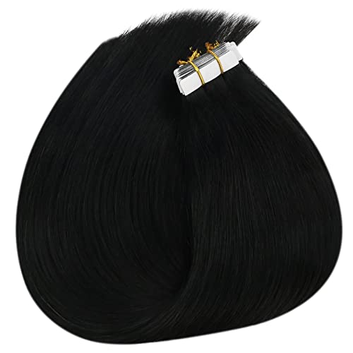 Ve Sunny Tape in Hair Extensions Black Tape in Real Human Hair Extensions #1 Jet Black Tape ins Extensions Human Hair for Girls Black Hair Extensions Silky Straight 20pcs 50g 14inch