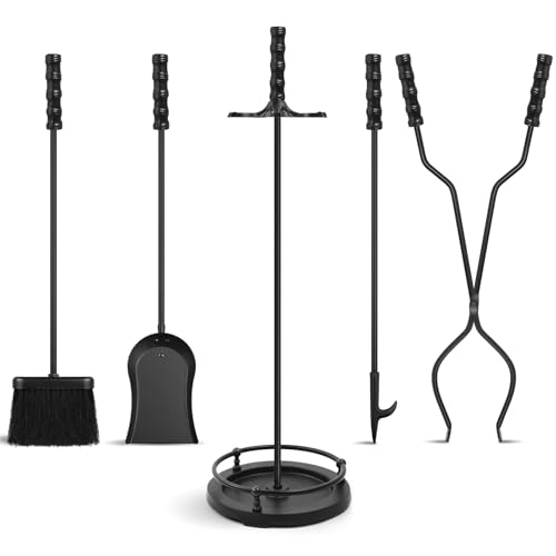 AMAGABELI GARDEN & HOME 5 Pieces Fireplace Tools Sets Wrought Iron Indoor Fireplace Set with Poker Tongs Broom Shovel Stand Fire Tools Outdoor Fire Place Fire Pit Hearth Accessories Sets Black
