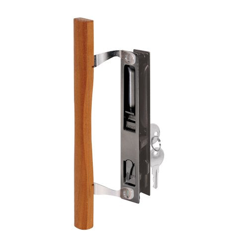 Prime-Line C 1149 Keyed Sliding Glass Door Handle Set – Replace Old or Damaged Door Handles Quickly – Wood & Chrome Plated Diecast, Hook Style, Flush Mount, Fits 6-5/8 in. Hole Spacing (1 Set)