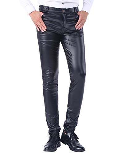 Yeokou Mens Business Casual High Waist Straight Leg PU Faux Leather Biker Pants(Black(Skinny Leg)-30)