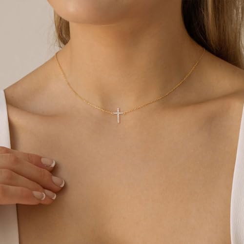 HANLI Cross Necklace for Women, 14k Gold/Silver Plated Dainty Simple Tiny Cross Necklace