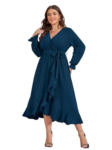 SCOMCHIC Women Plus Size Wedding Guest Maxi Dress Long Sleeve Wrap V Neck High Low Split Ruffle Cocktail Dress with Belt White