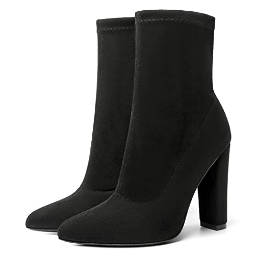 Black Sock Boots for Women Sock Booties Women's Heeled Boots Chunky Heel Boots Suede Ankle Boots Fall Winter Dress Boots Pointed Toe Mid Calf Booties High Heel Boots