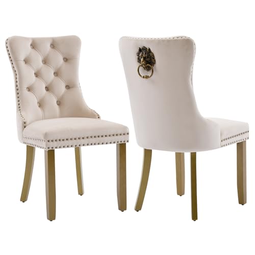 Upholstered Dining Chairs Set of 2, Velvet Dining Room Chairs with Back Ring Pull Trim and Solid Wood Legs, Tufted Wingback Kitchen Chair Perfect for Dining Room,Living Room,Kitchen(Blue)