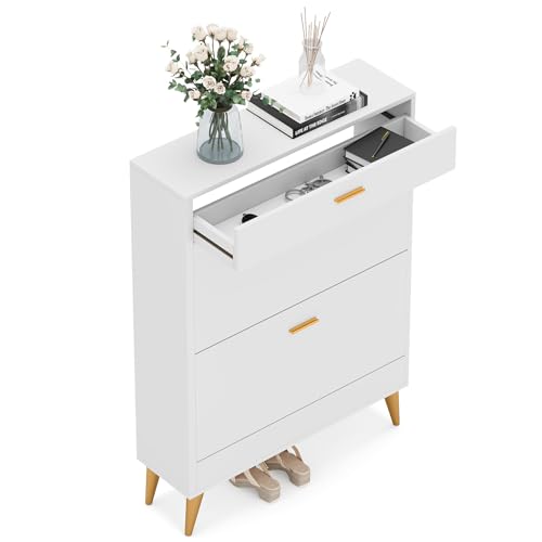 Tribesigns Shoe Cabinet, White Shoe Storage Cabinet with 2 Flip Doors and Drawer, Modern Narrow Shoe Organizer Rack for Entryway, Closet (White)