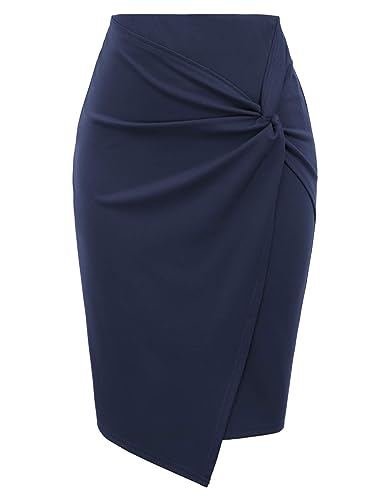 Kate Kasin Wear to Work Pencil Skirts for Women Elastic High Waist Wrap Front Knee Length Bodycon Skirt Tummy Control Gray Green