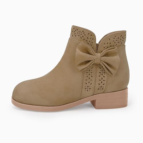 Girls Kids Bow Knot Ankle Boots Faux Suede V Cutout Low Stacked Heel Side Zipper Chelsea Shoes