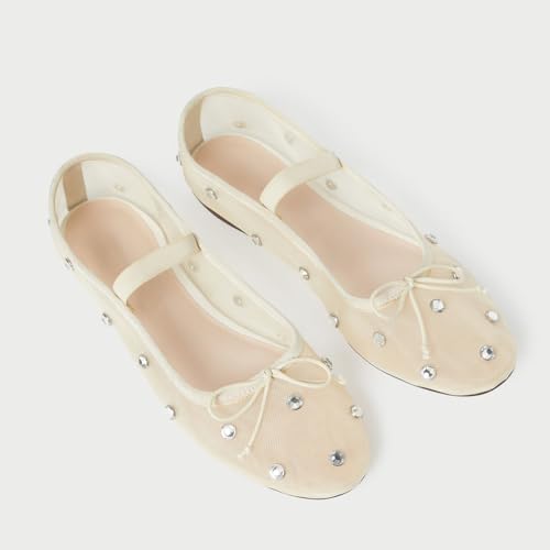 JORISTIMO Crystal Mesh Ballet Flats Stretch Band Snip Toe Ballerinas Flats Mary Jane Beige