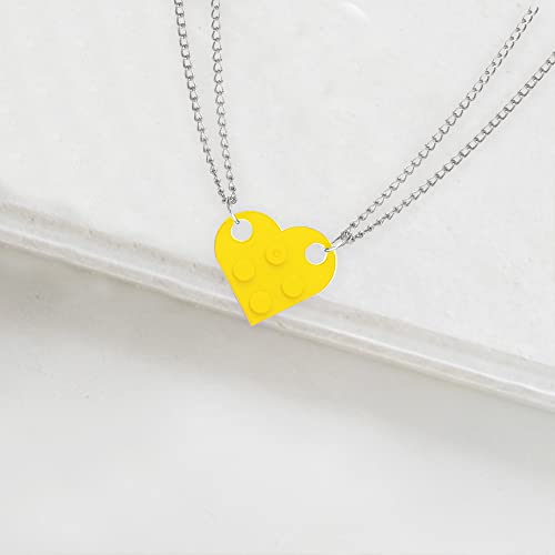 Bricks Assembled Pendant Necklace Heart Shape Matching Geometric Block Charms Valentines Day Friendship Creative Jewelry Gift for Couple Lover Best Friends (Orange)