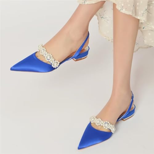 YWXYMGE Satin Pearls Wedding Shoes for Bride Flat Pointed Toe Women Slingback Flats-Black-7
