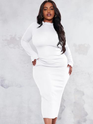 BEAGIMEG Women's Sexy Bodycon Plus Size Long Sleeve Rib Lettuce Hem Club Evening Party Maxi Dress White