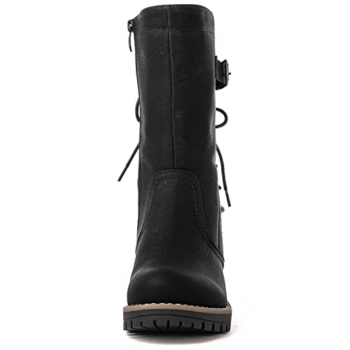 GLOBALWIN Women's Biker Boots Lace up Mid Calf Motorcycle Fashion Festival Boots Combat Riding Military Boots for Women Black Size 11